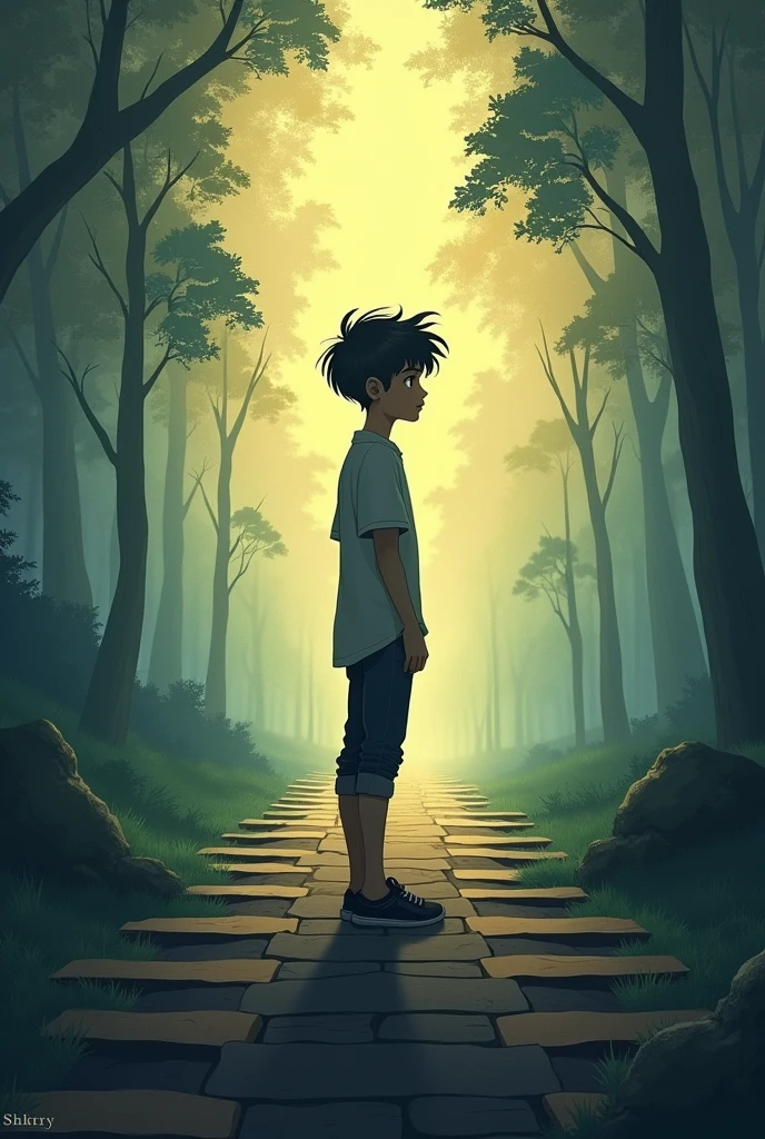 A young man, Jean, balanced on a symbolic line between two paths : one illuminated, representing friendship and the other dark, representing solitude. He looks both ways with an expression of uncertainty.."