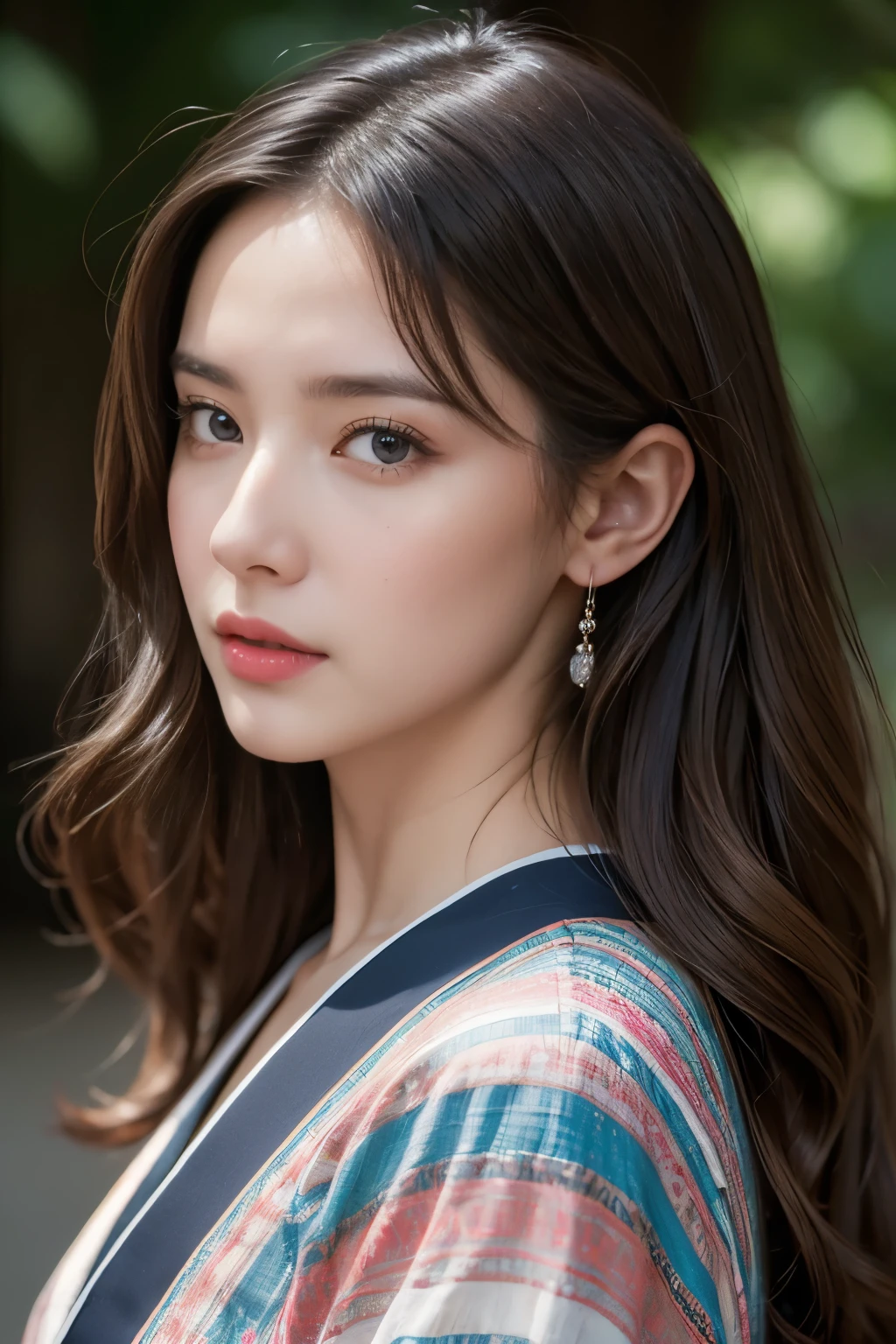 highest quality、Perfect Face、Perfect Style、perfect body、Sunburn、beautiful lady、mature、long curly layer brown hair、Swept-back hair、full body, sexly 、charming、healthy、of the highest quality、8K、
a beautiful lady in kimonos posing, in the style of liam sharp, 32k uhd, webcam, iPhone RAW quality photography, brightened colors, nature in theme, eve ventrue, smooth and curved lines, mid body shot, intensity but pleasant in facial expression. Avant-garde