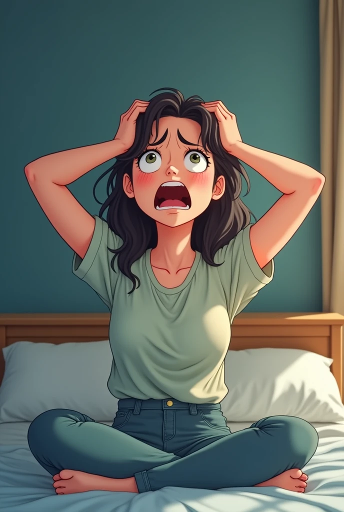 working woman is sit straight in bed, in everyday clothes,
She turns her body and looks at the ceiling, (open mouth), upper jaw, look up, eyes of contract,
(put both hands on your head), face of intense regret,
screaming with a blushing face, disappointed, impatience, regret, pale, despair,
She is so ashamed that she wants to die,
in bed, In his bedroom, from below,
masterpiece, Best Quality, extremely detailed, ((anime parody), (Deformed character)),
sharp image, sharp image, clear image, vivid image,
very detailed background,