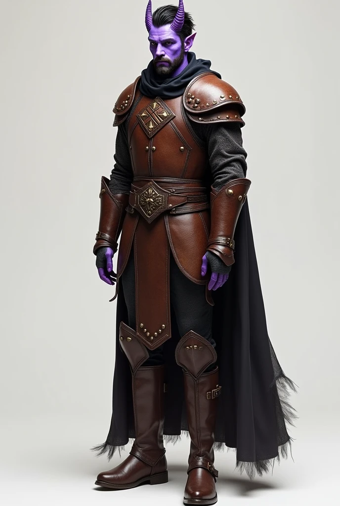 photorealism:6.5), light purple slim male tiefling, small purple horns surrounded by black hair and trimmed beard, wearing brown studded leather armor with a cape and boots. Full body image with no background.
