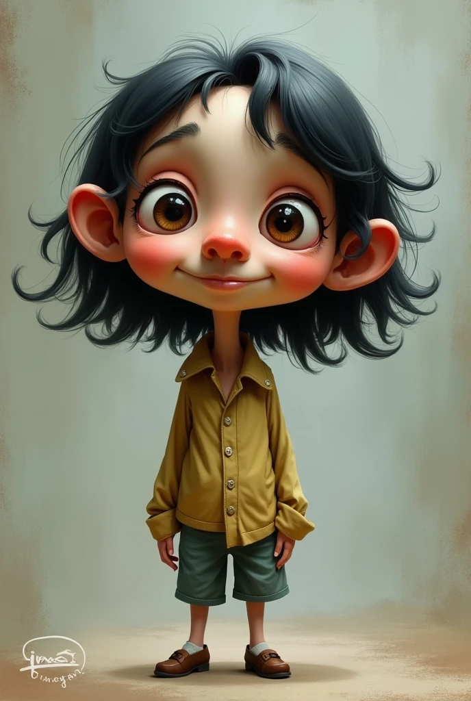 small person with super big nose and head. Without beard, but with medium-long hair and also dark skin.