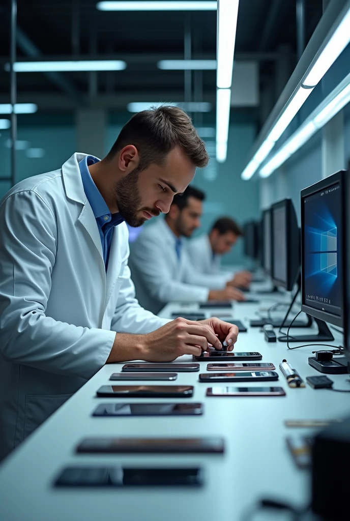 A light-skinned man sitting working in a super modern cell phone repair shop with several monitors and several cell phones to fix.