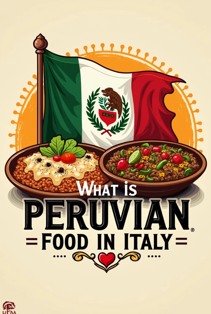 Create a logo for a Peruvian restaurant, which has: the flag of Peru, two typical Peruvian dishes and a title: what is Peruvian food in Italy