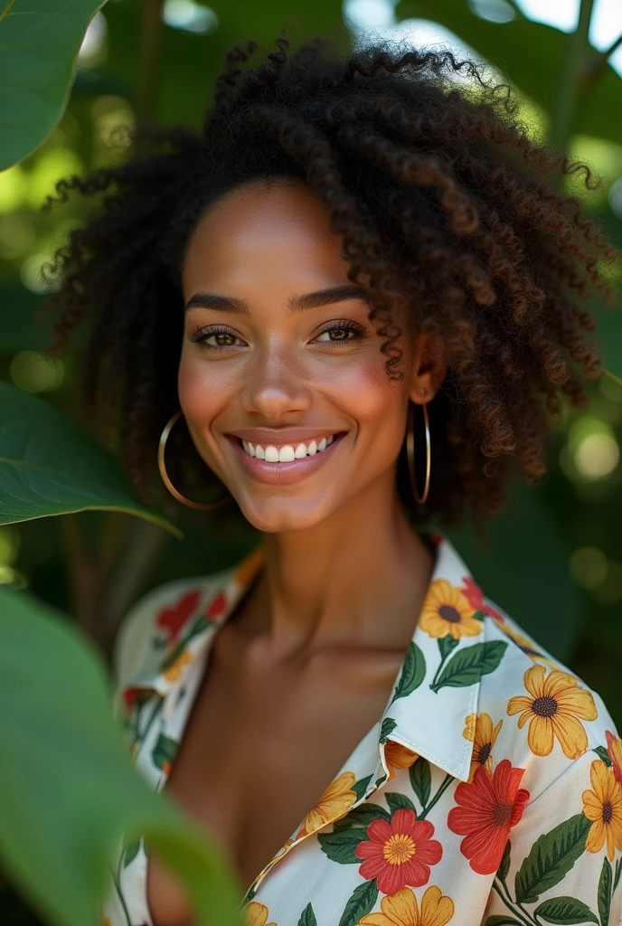 A Brazilian woman in a lush tropical garden, wearing an open shirt with a floral print, with a close-up capturing the harmonious beauty between her breasts and the natural flowers, showing off your natural charm and outgoing personality.