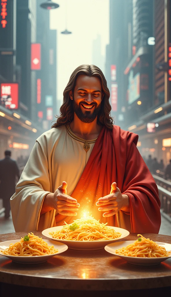 Smiling Jesus and command pasta in Beijing in a 2024 scenario