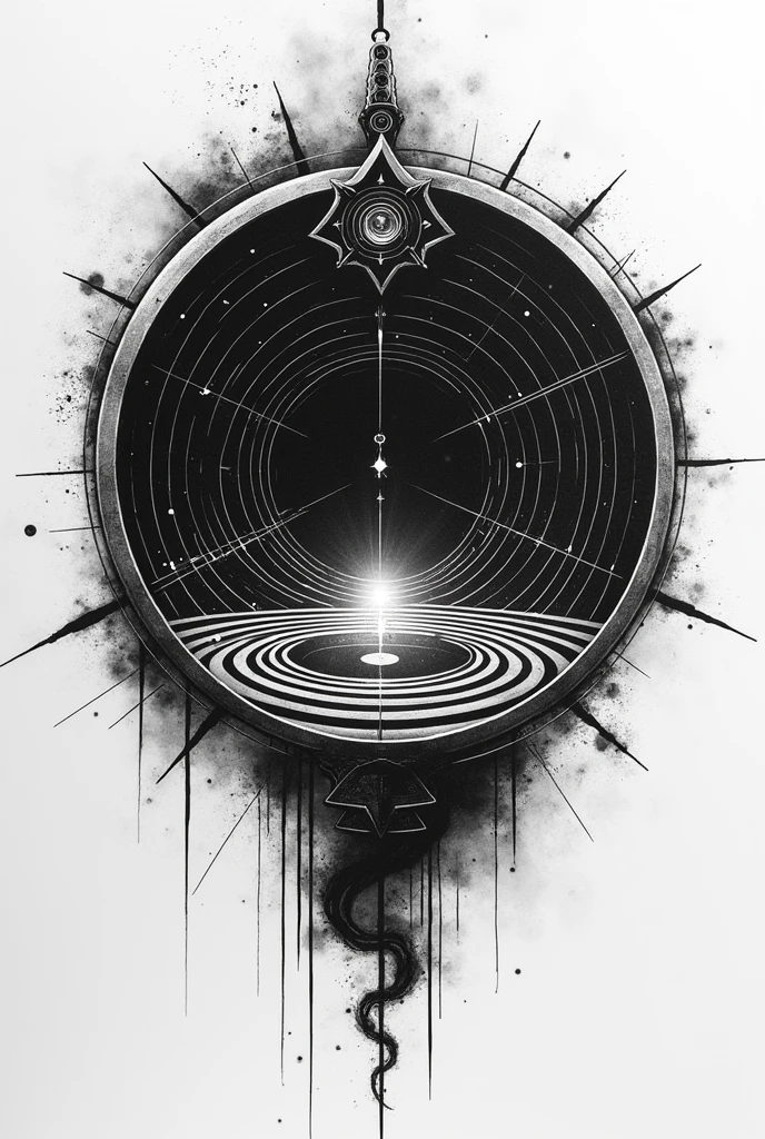 black and white tattoo depicting a gravitational portal
