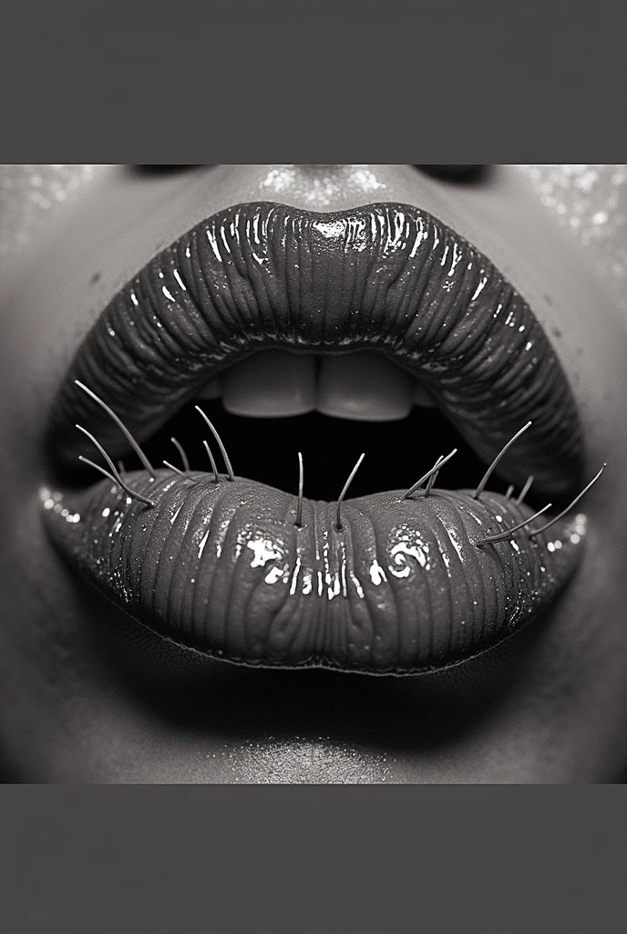 Woman&#39;s lips, luscious, image noir et blanc, the lips reveal millions of spermatozoa with their flagella which constitute them. ultra detailed, ultra realistic, photographie professionnelle, hyper cinematic, ultra contrasting 