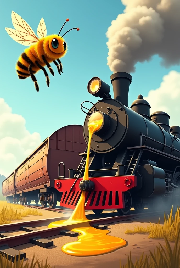 drawing of a bee flying next to a locomotive pouring honey into a tank car