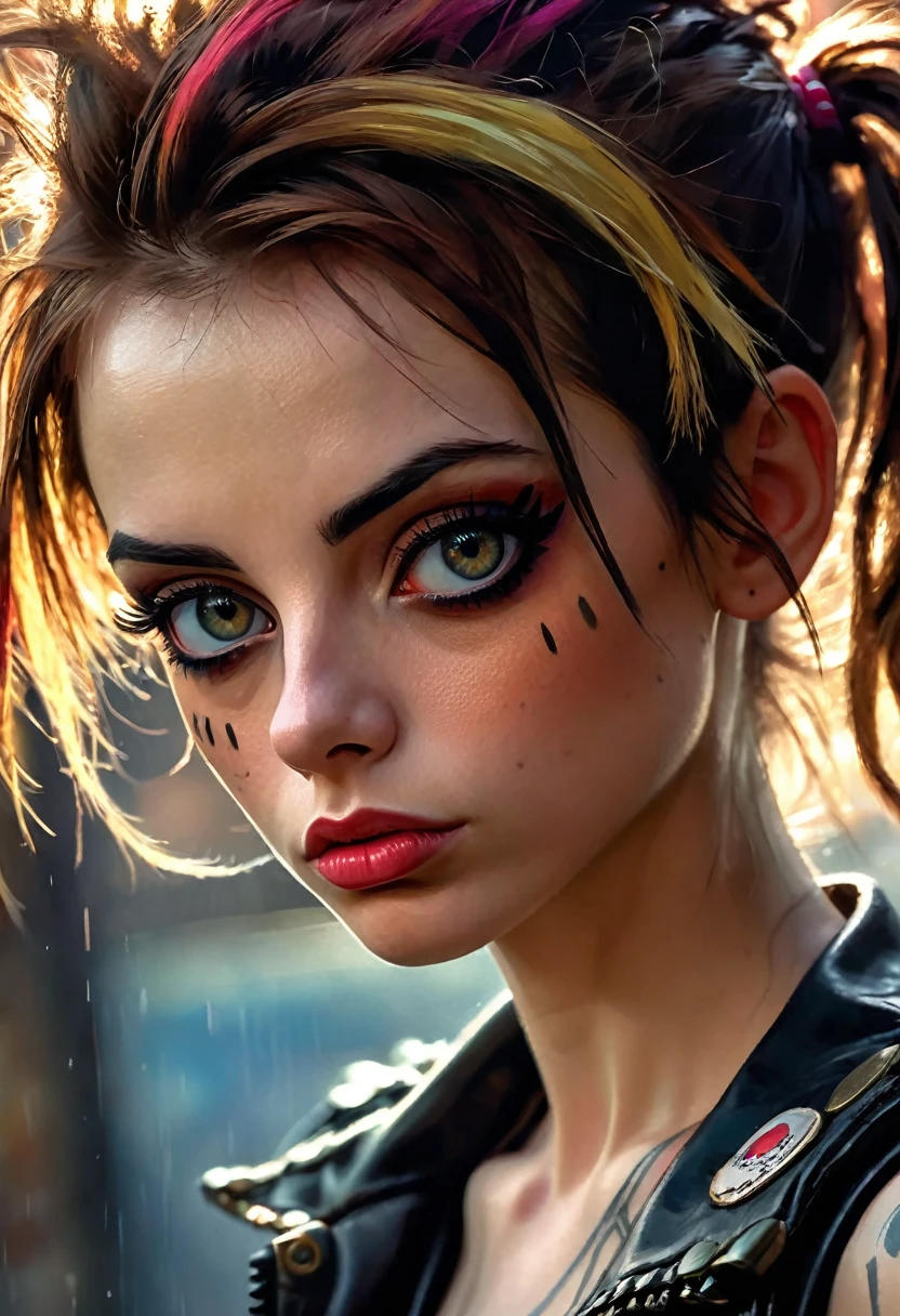 a tank girl with brown hair, beautiful detailed eyes, beautiful detailed lips, extremely detailed face, long eyelashes, dynamic pose, dramatic lighting, oil painting, dark and gritty, moody color palette, cinematic composition, chiaroscuro, digital art, masterpiece, best quality, 8k, ultra-detailed, photorealistic, hyper-realistic, vibrant colors, dramatic shadows, environmental storytelling