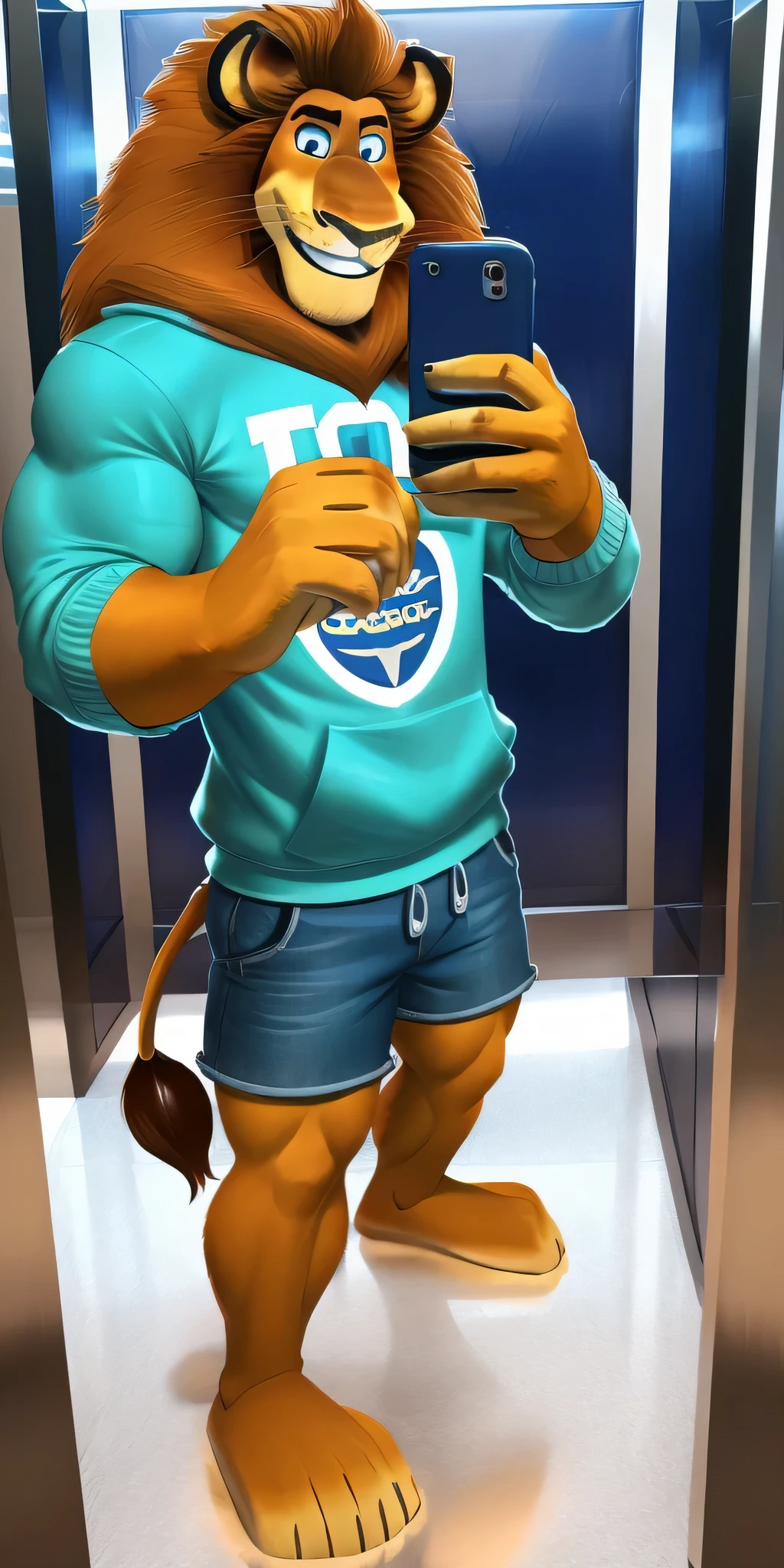 Alex the Lion, muscular body, big biceps, extremely beautiful and cute face, perfectly detailed blue eyes with perfectly detailed pupils, wears cyan sweatshirt, denim cargo shorts, bare feet, elevator background, selfie, very good boy look, cute smile