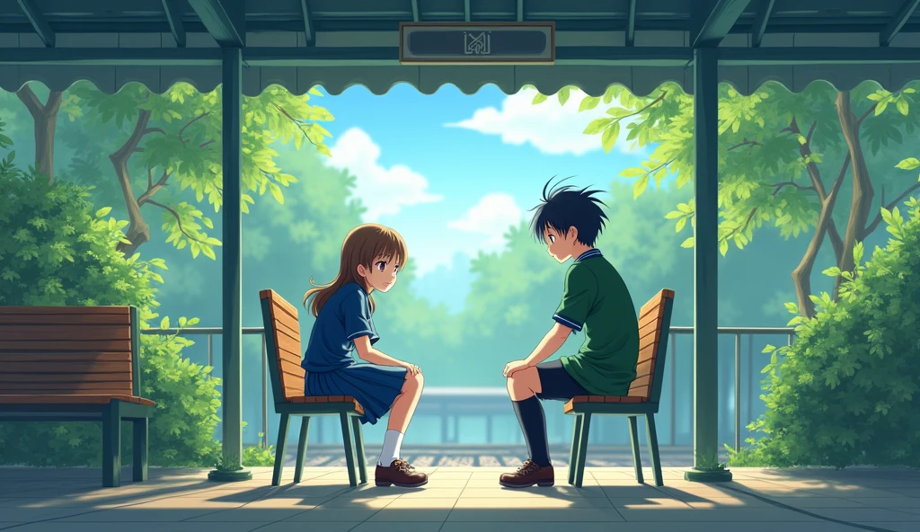 A girl in a blue color school dress is sitting on one of the chairs in a train station and a boy in a green color school dress is sitting a little further away and both are smiling. Both girl and boy will be  ki habi full anime anime ki will have back view nature and girl and boy will be looking forward