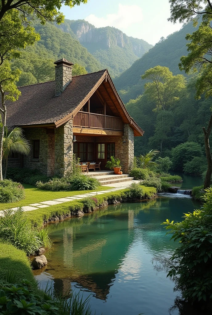 create an architectural project for a rustic-style farmhouse with Atlantic Forest landscaping and an artificial lake on a 20x50 meter plot that is cozy and has many gardens