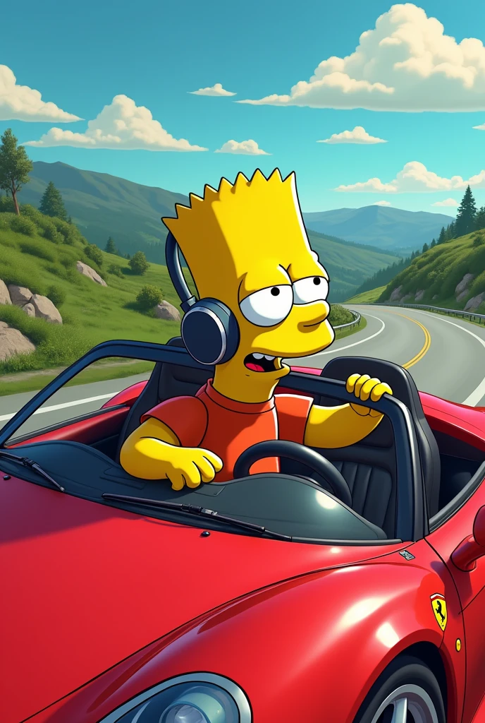 Bart Simpson character listening to music on a Ferrari on a highway