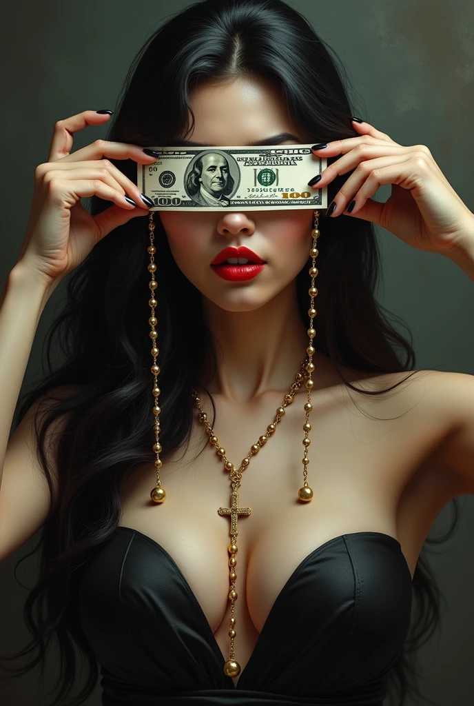 Very beautiful woman with red lips and black hair and big boobs, with a golden rosary, covering his eyes with a 100 dollar bill 