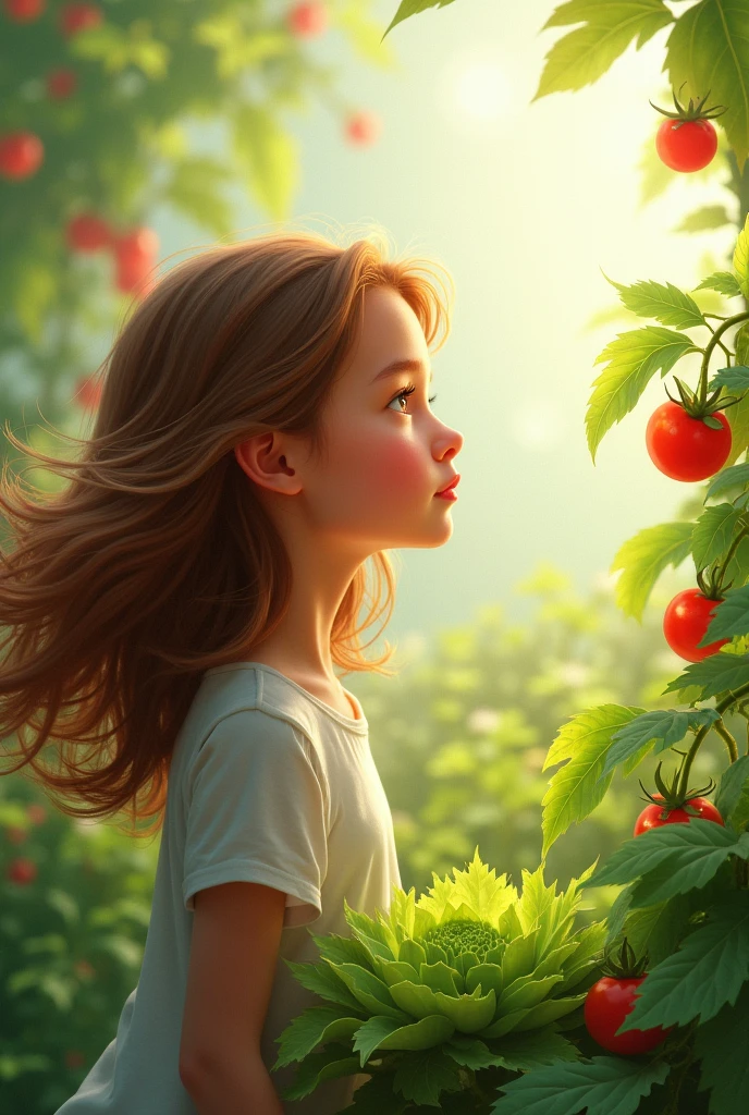  girl with brown hair imagining a vegetable garden
