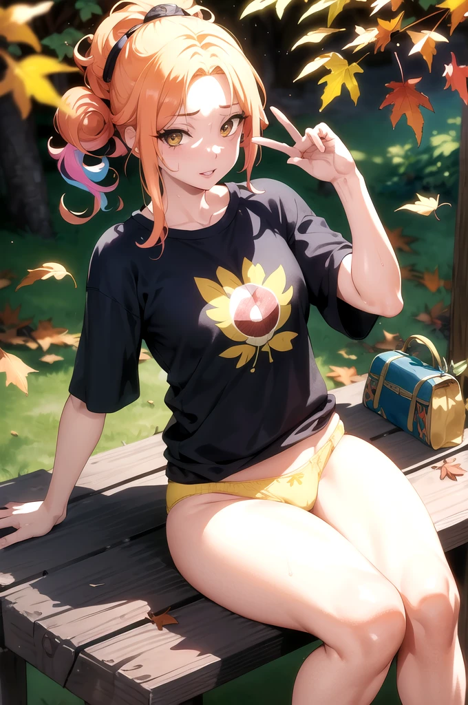 work of art, absurderes , (details Intricate), (colorfully),cinematic lighting,shot not bust,Extremely detailed CG 8k unity wallpaper,Temari\(boruto\), 1 girl, mature woman,yellow t-shirt,wore tight, wet white panties,sitting down, plein-air, (falling leaves:1.3), Thu leaves, (Thu), lighting sun, Maple tree, parted lips,Tuuli, looking ahead at viewer,she didn't wear pants,with open legs