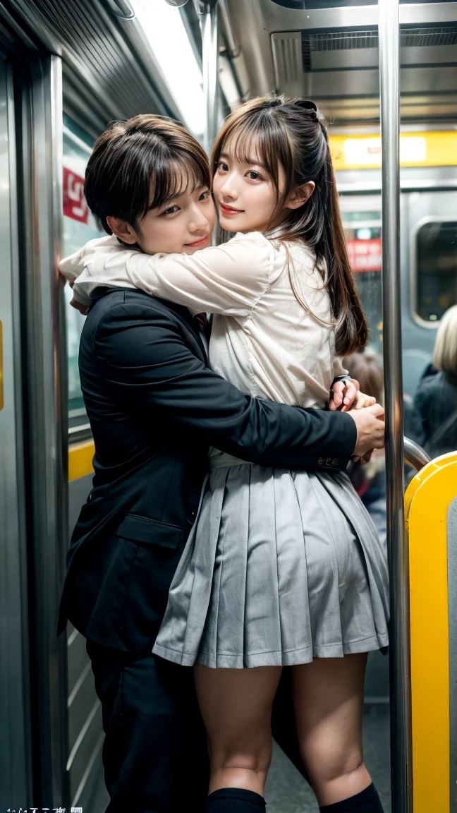 Browsing Caution, Crowded train, Japan , Handsome man hugging his girlfriend from behind, Talk in her ear, Lift her up, Twist your miniskirt, 40k, photograph, masterpiece, Highest quality, Dark Gray Background, ((Japan girls' high school uniform)), An older man is leaning on her from behind、i held you up, Mr....々Strike a Pose