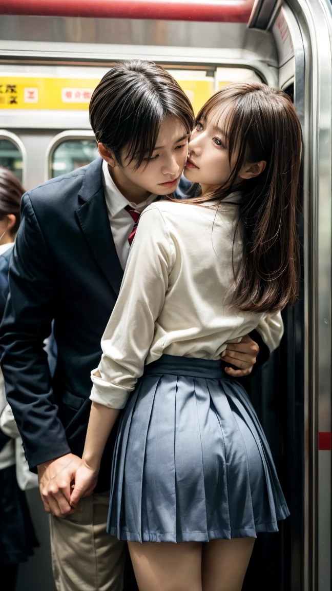 Browsing Caution, Crowded train, Japan , Handsome man hugging his girlfriend from behind, Talk in her ear, Lift her up, Twist your miniskirt, 40k, photograph, masterpiece, Highest quality, Dark Gray Background, ((Japan girls' high school uniform)), An older man is leaning on her from behind、i held you up, Mr....々Strike a Pose