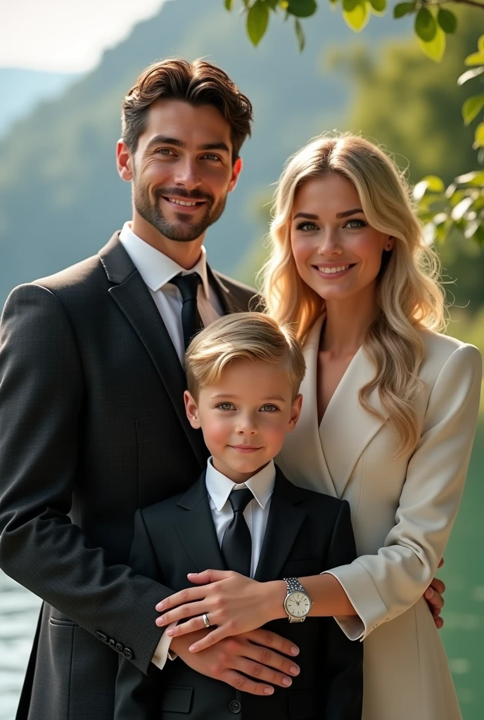 (Photorealism:1.1) a couple man dark brown hair and brown eyes together with a woman blonde green eyes long hair e uma criança loira de 8 anos em Lugano e um IWC portuguese e usando aliança de casamento 8k ultra realistic super detailed