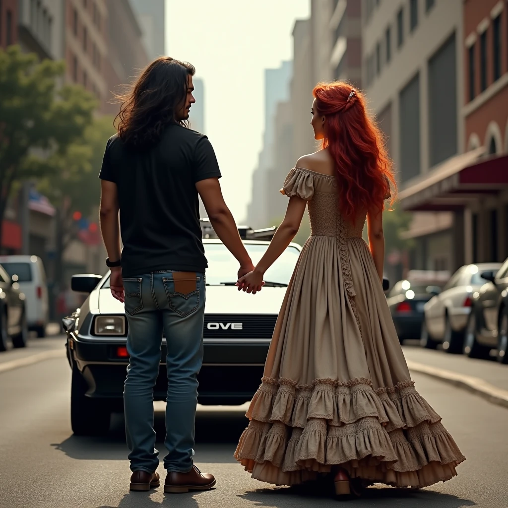 image of a couple of people from different eras, The man has long hair down his back dressed in a black t-shirt and jeans holding hands with a beautiful redhead in an elegant 19th century dress, next to the Delorean from back to the future on a street.