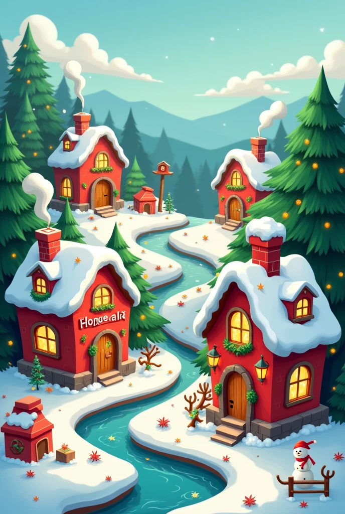 Generates an image of several cartoonish Christmas houses in a rural landscape