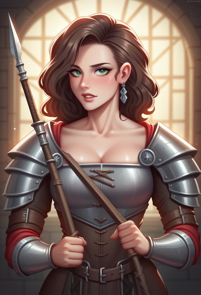 {4k image}, 1 Beautiful Clara, a young woman aged 20, with short dark brown hair slicked back, green eyes, fit (168 cm, 59 kg), featuring her weapons, daggers, in a heroic medieval fantasy setting, comics style