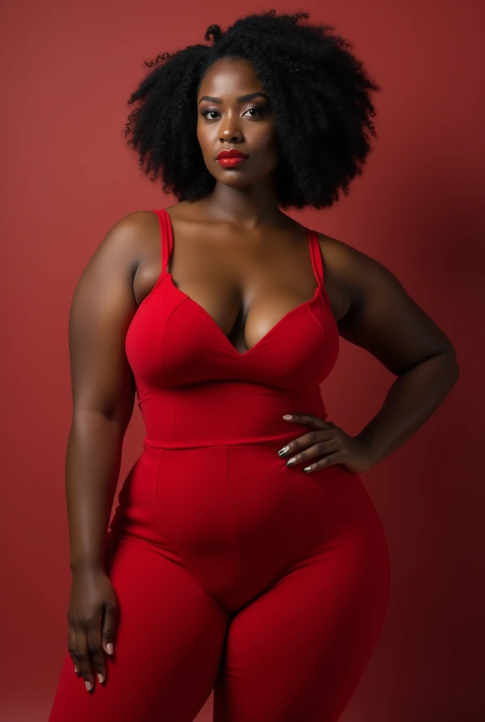 "A beautiful young African woman with flawless dark skin, standing confidently. She has a curvy, slightly fuller figure, with noticeable breasts. She is dressed in a sexy, form-fitting red outfit that accentuates her curves, with red lipstick that complements her look. Her expression is serious but with a subtle, playful smile. Her hair is styled elegantly, and she exudes a sense of grace and strength in her posture. The background is minimal, ensuring that all the attention is on her beauty and presence."
