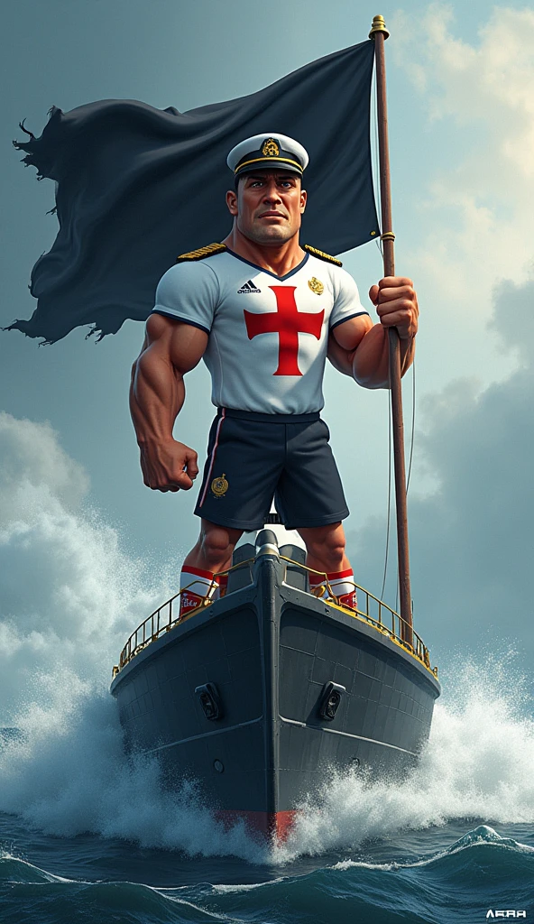 The mascot is an admiral with an imposing appearance. He should be wearing a soccer uniform, a white shirt with a black crossband, over the band a thick red Maltese cross on the chest, black shorts and socks, with a black admiral's hat with a thick red cross on the sides straight in front. The admiral should be posing with a confident and friendly expression, holding a black flag, in one hand, waving in the wind, on top of a large black ship in a high sea with waves.