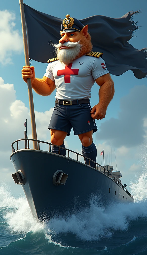 The mascot is an admiral with an imposing appearance. He should be wearing a soccer uniform, a white shirt with a black crossband, over the band a thick red Maltese cross on the chest, black shorts and socks, with a black admiral's hat with a thick red cross on the sides straight in front. The admiral should be posing with a confident and friendly expression, holding a black flag, in one hand, waving in the wind, on top of a large black ship in a high sea with waves.