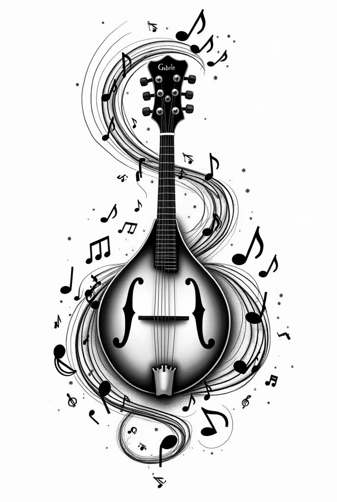 Black and white drawing of a mandolin with many musical notes around it and the name Gabriel