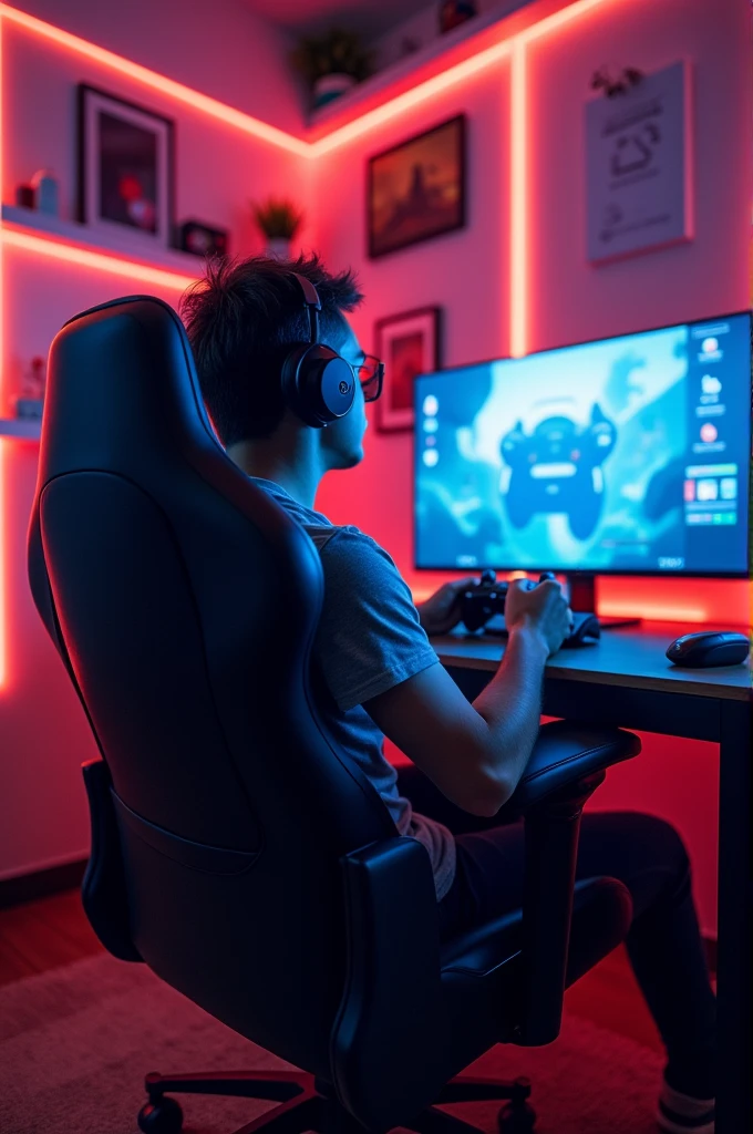 best quality, detailed, Alanzoca in a gamer room, in a gamer chair, playing video games.