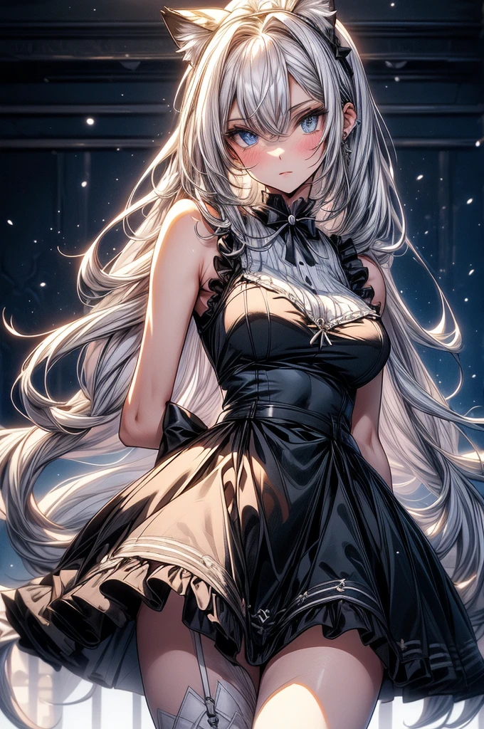 SeaArt Bot
Txt2Img
Default
20:52:25
highest quality, ultra high resolution, super detailed, gorgeous, masterpiece, best quality, high resolution finely detailed, extremely beautiful, distinct image, hourglass figure, 1 girl, 2, soft and beautiful facial features, symmetrical face, piercing blue eyes, innocent doe shaped eyes, DD-cup breasts, tall height(190cm), slim and slender curvy body, athletic and flexible physiques, flowing snow-white hair, narrow waist, long legs, modern times background, snow-white skin, hip-level shot, snow-white feline tiger ears, white striped tiger tail protruding out her back, simple sleeveless black frilly dress, white waist apron