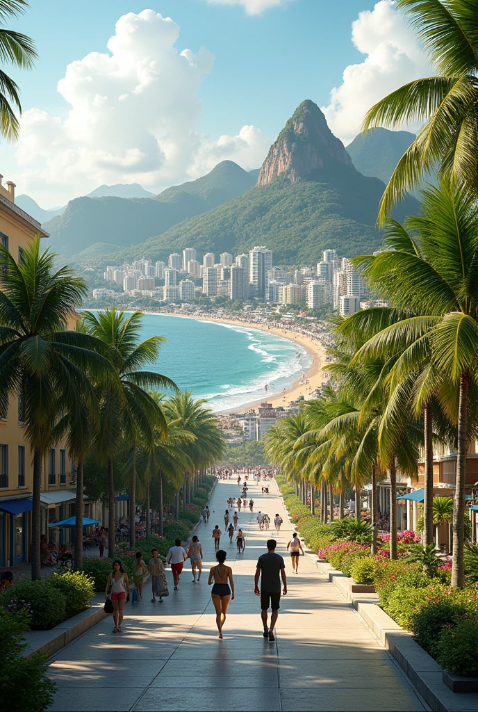 Draw a scenario where Rio de Janeiro, Brazil, eliminated the favelas., through better land use in the city and the gentle densification of the population, we maintain the existing buildings, just building new housing for people leaving the favelas, and where there were slums, it turned into a forest. show the city's expectations on the Ipanema boardwalk.