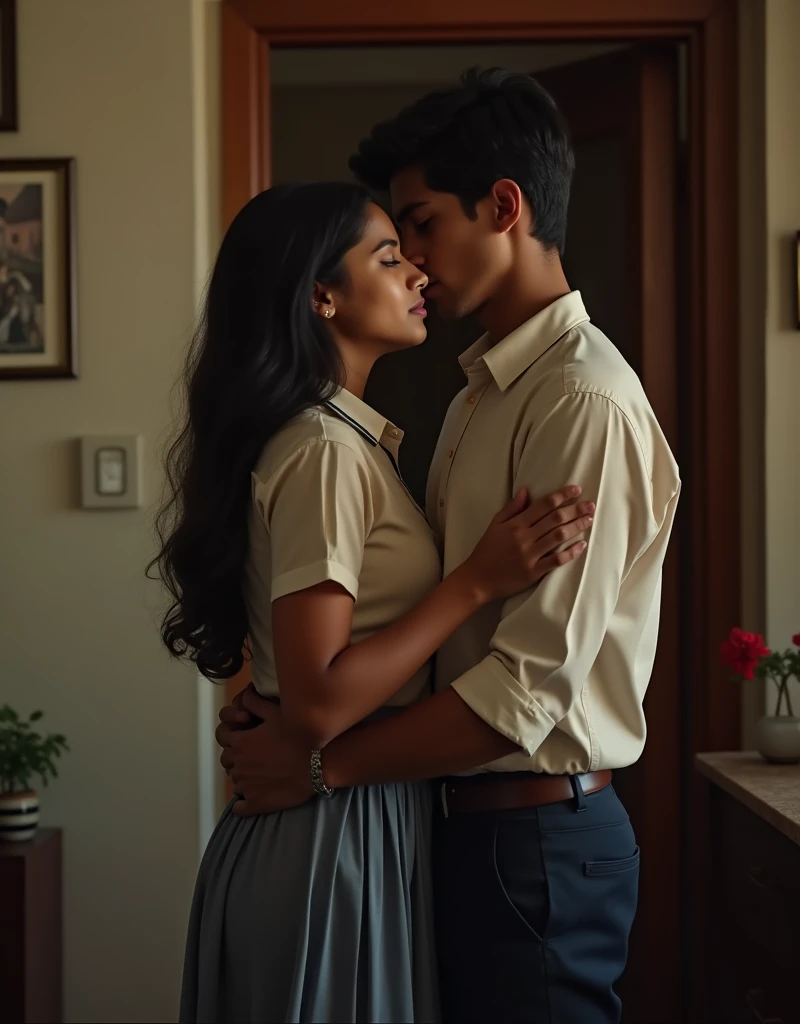 ultra real, 4k, realistic image, young indian brother and his sister having secret affair in school. sister wearing deep neck skirt, boy pressing her breast with his hand, in their simple home bedroom, detailed room
