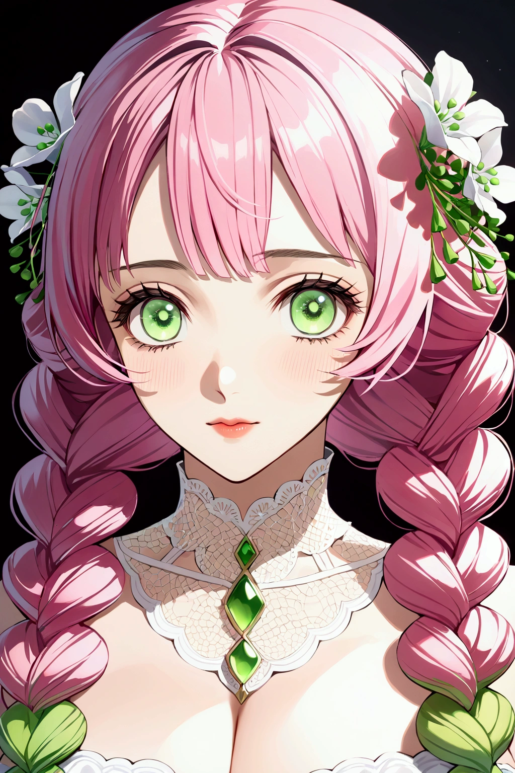 Convert your flower art into illustration.、Create backgrounds with vibrant colors and unique touches　The type of flower is statice、Gypsophila、sweet pea、Mix in some lace flowers, portrait, face portrait, big breasts, cleavage, pink hair, green eyes, (green highlights), green braids, 