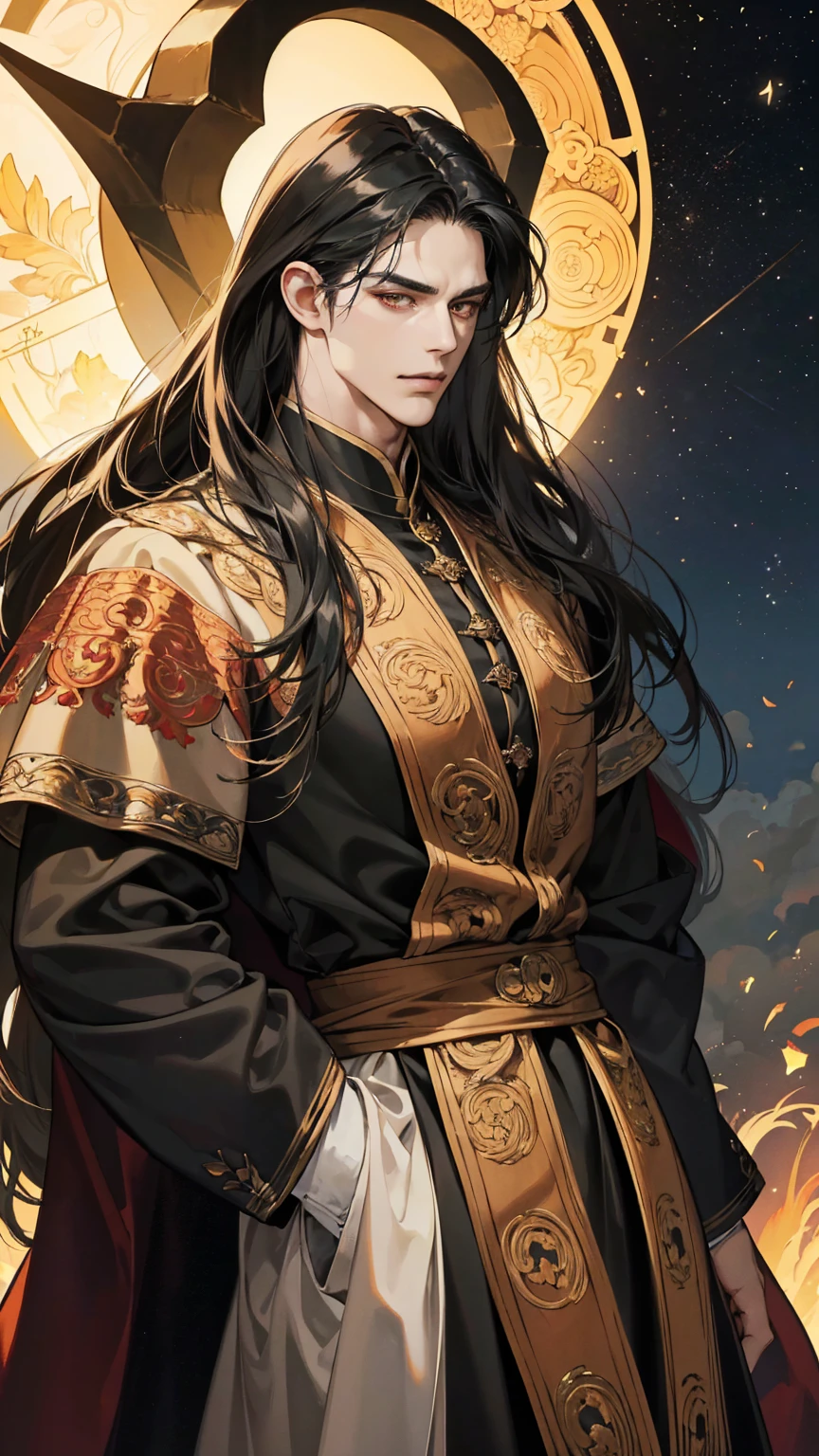 {(best quality, 8k, masterpiece, HDR, soft lighting, perfect image, digital illustration, manhwa art, hyper detailed image, perfect lines, realistic)} 1 very handsome man, long straight black hair with bangs covering his forehead, bright orange eyes, clothes luxurious, black king clothing with golden embroidery, regal, dragon horns on head, (imposing posture, smirking expression), {(medieval city outdoors background at night)}