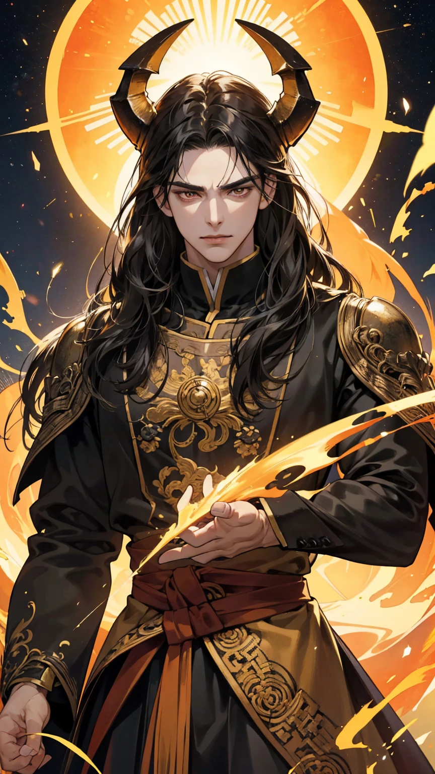 {(best quality, 8k, masterpiece, HDR, soft lighting, perfect image, digital illustration, manhwa art, hyper detailed image, perfect lines, realistic)} 1 very handsome man, long straight black hair with bangs covering his forehead, bright orange eyes, clothes luxurious, black king clothing with golden embroidery, regal, dragon horns on head, (imposing posture, smirking expression), {(medieval city outdoors background at night)}