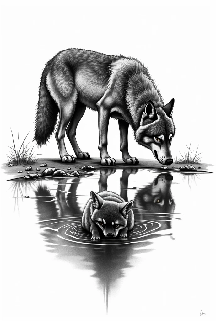 Generate a black and white tattoo illustration where a wolf is drinking water from a puddle head-on and seeing its reflection simulating the past seeing itself as a puppy.
The reflection wishes it was a wolf pup