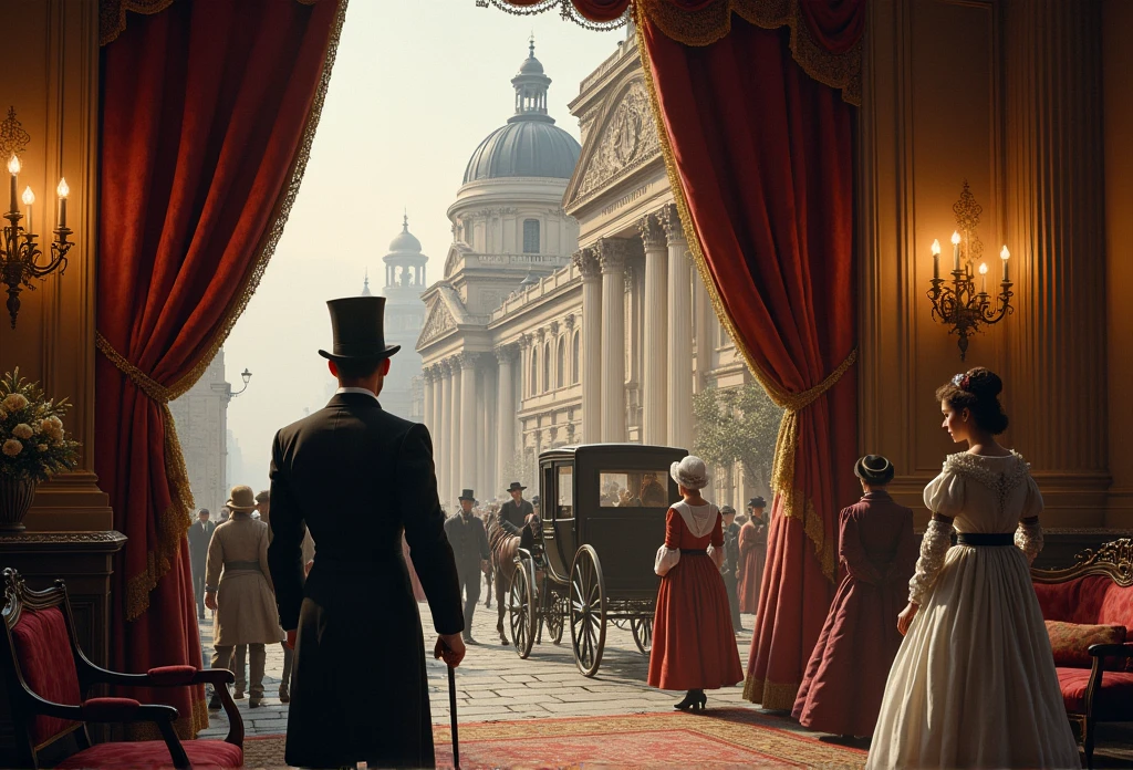 A detailed and historically accurate scene from the mid-19th century, depicting the fashion, architecture, and atmosphere of the era. The setting could be a bustling city street or a quiet, opulent interior. On the street, people are dressed in mid-19th-century clothing, with men in top hats and frock coats, and women in full skirts and bonnets. Horse-drawn carriages move along cobblestone streets, and the architecture includes grand buildings with ornate facades. Alternatively, an interior scene might show a richly furnished room with mid-19th-century decor, including heavy drapes, ornate furniture, and gas lighting. The overall scene should capture the essence of life and style during this period, with a warm, historical atmosphere. 
