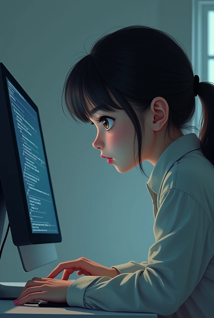 Girl looking at computer screen with head turned away