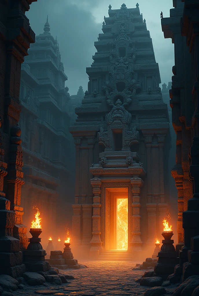 Use warm, intense lighting from torches to highlight the dramatic atmosphere, and incorporate intricate carvings and details into the temple's structure.Maintain a dark, mystical color palette to enhance the sense of adventure and mystery.
