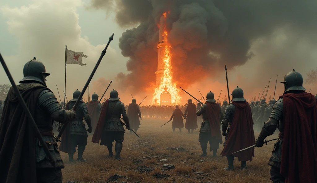 A dramatic scene depicting a small medieval skirmish in a rugged field, with soldiers clashing amid the chaos. In the background, a tall tower burns fiercely, its flames casting an eerie, flickering light across the scene. The sky is overcast and dark, adding to the sense of despair and destruction. The soldiers, clad in weathered armor, fight desperately, their faces showing intense focus and determination. Smoke and debris swirl around them, enhancing the chaotic atmosphere. The image, rendered in the evocative, detailed style of Edmund Blair Leighton, captures the grim reality of war and the devastation it leaves behind, with a dark, cinematic quality that heightens the scene's impact., Surrealism, Hyperrealism, UHD, retina, masterpiece, accurate, anatomically correct, textured skin, super detail, best quality, 16k