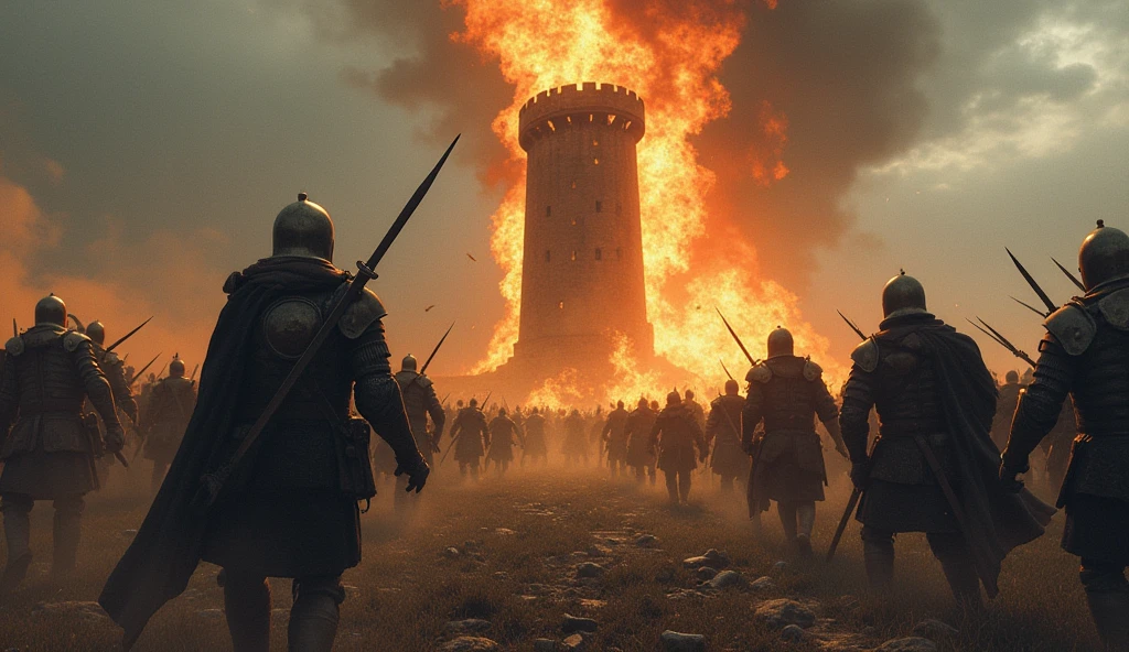 A dramatic scene depicting a small medieval skirmish in a rugged field, with soldiers clashing amid the chaos. In the background, a tall tower burns fiercely, its flames casting an eerie, flickering light across the scene. The sky is overcast and dark, adding to the sense of despair and destruction. The soldiers, clad in weathered armor, fight desperately, their faces showing intense focus and determination. Smoke and debris swirl around them, enhancing the chaotic atmosphere. The image, rendered in the evocative, detailed style of Edmund Blair Leighton, captures the grim reality of war and the devastation it leaves behind, with a dark, cinematic quality that heightens the scene's impact., Surrealism, Hyperrealism, UHD, retina, masterpiece, accurate, anatomically correct, textured skin, super detail, best quality, 16k