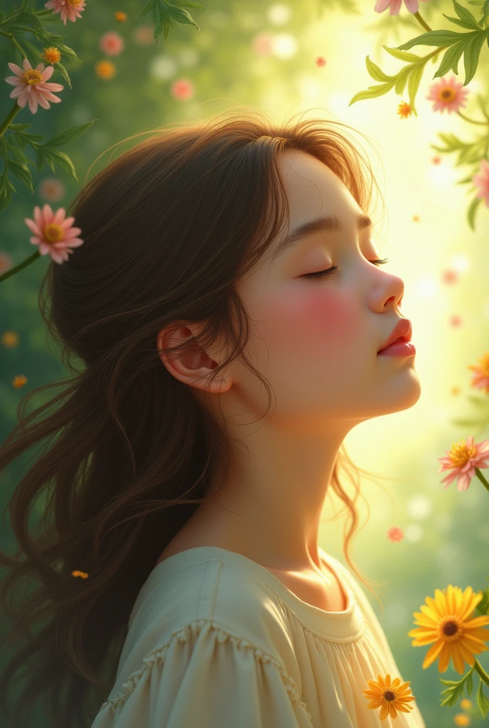  girl with brown hair imagining a garden in her mind