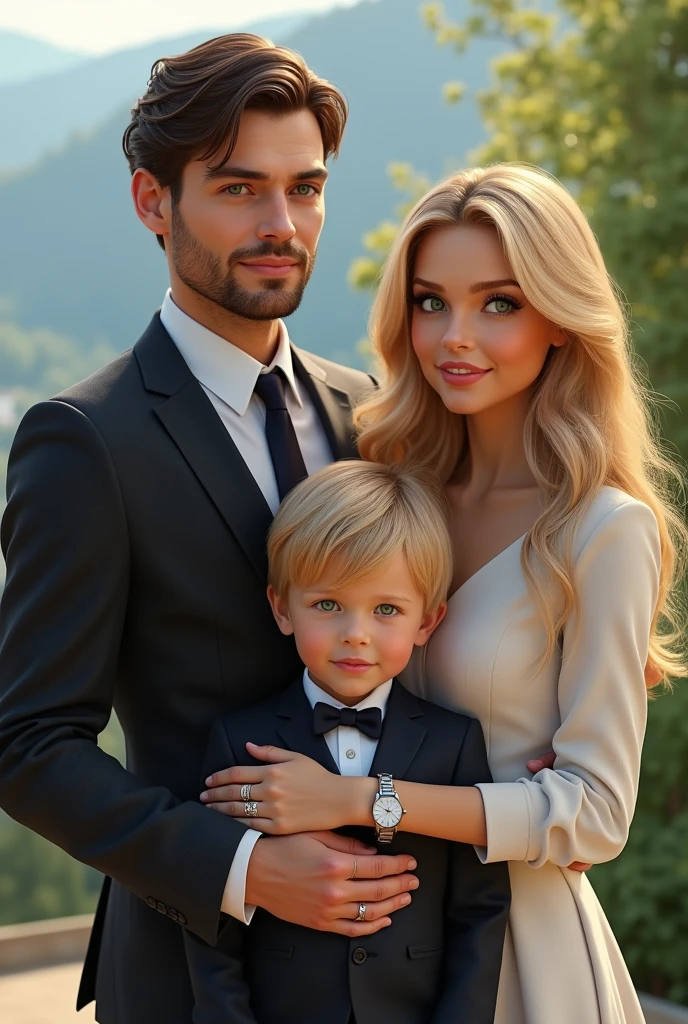 (Photorealism:1.1) a couple man dark brown hair and brown eyes together with a woman blonde green eyes long hair  e uma criança loira de 8 anos  em Lugano  e um IWC portuguese e usando aliança de casamento 8k ultra realistic super detailed 