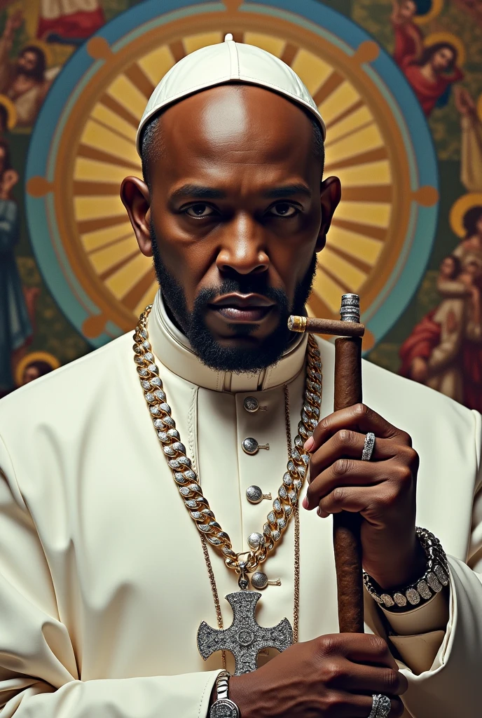 Pope Francis Travis Scott style with diamond chains and a cigar