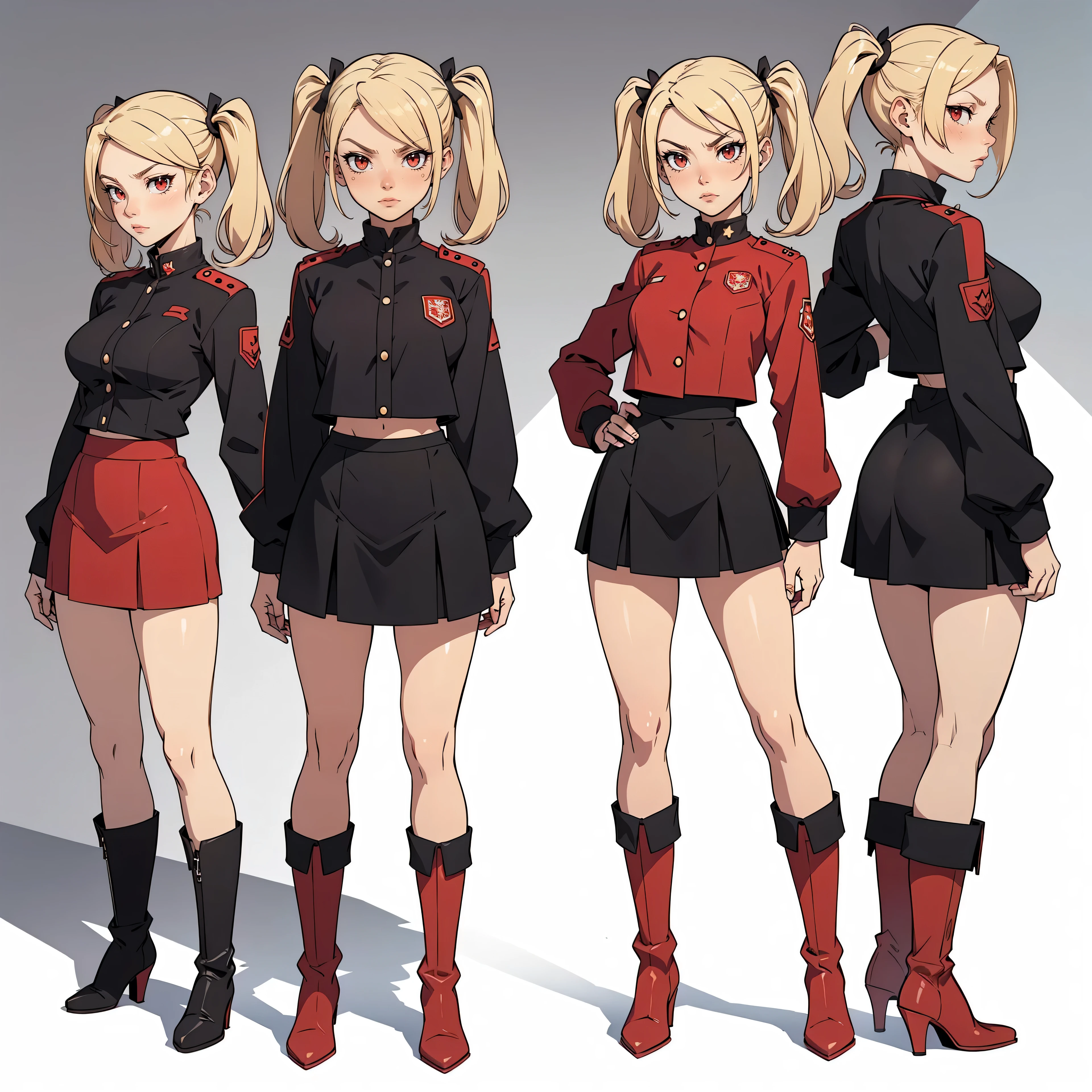 Very detailed, serious facial expression, , full body view, blonde hair with twintails, red eyes, looking at viewer, black and red uniform, skirt, black boots