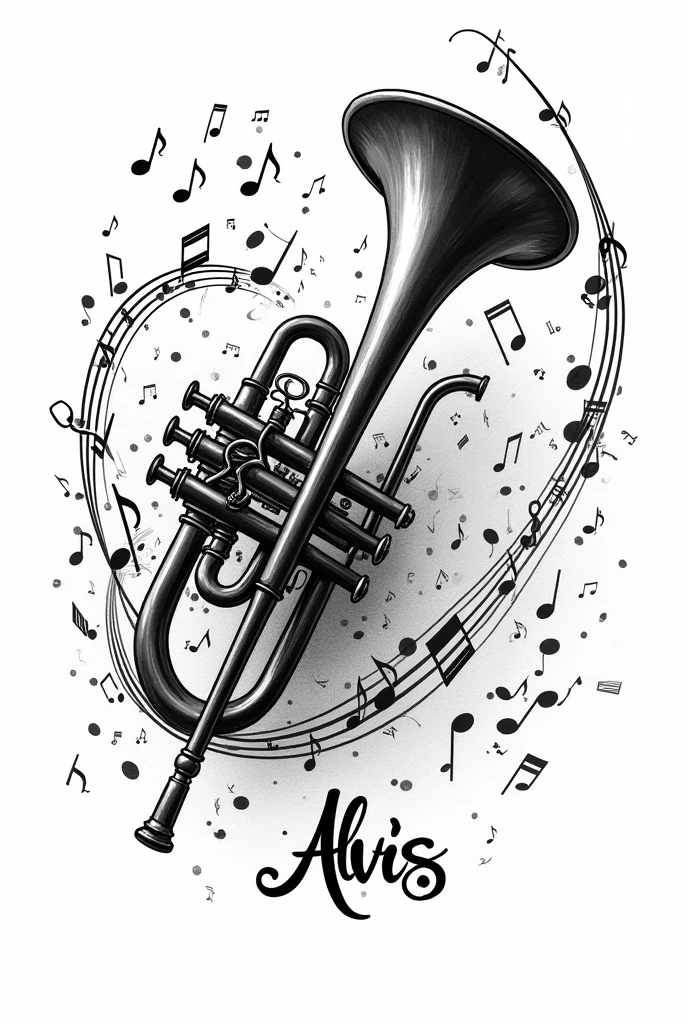 Black and white drawing of a trumpet with many musical notes around it and the name Alvis
