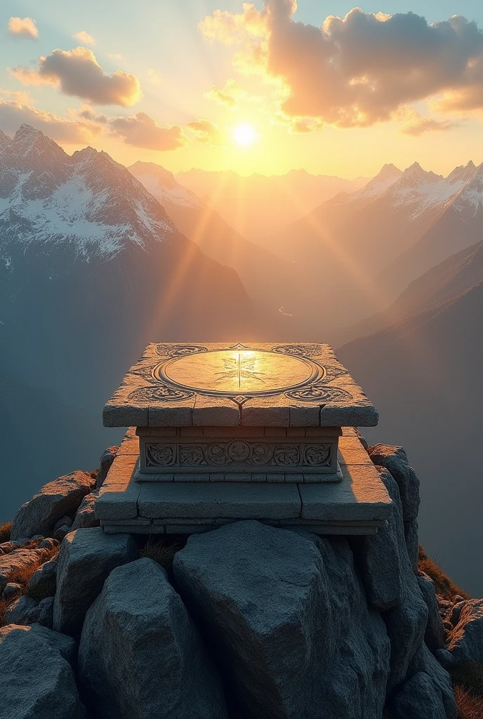 Stone Altar on top of the mountain, wide image, clear and bright sky at dawn, rays of sunlight 