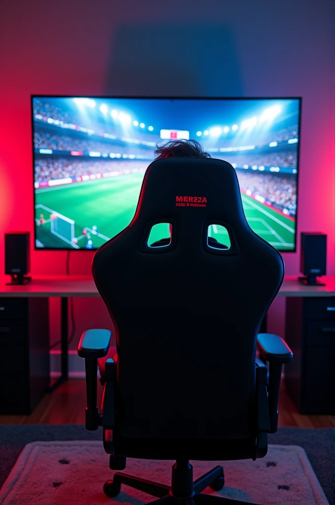 best quality, detailed, Alanzoca in a gamer room, in a gamer chair, playing efootball in video games.